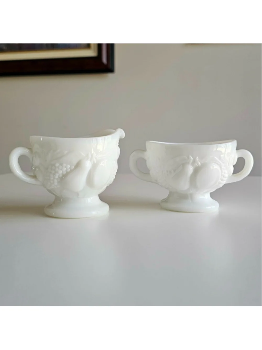 Vintage Westmoreland Milk Glass Harvest Creamer and Sugar Bowl Set MINT